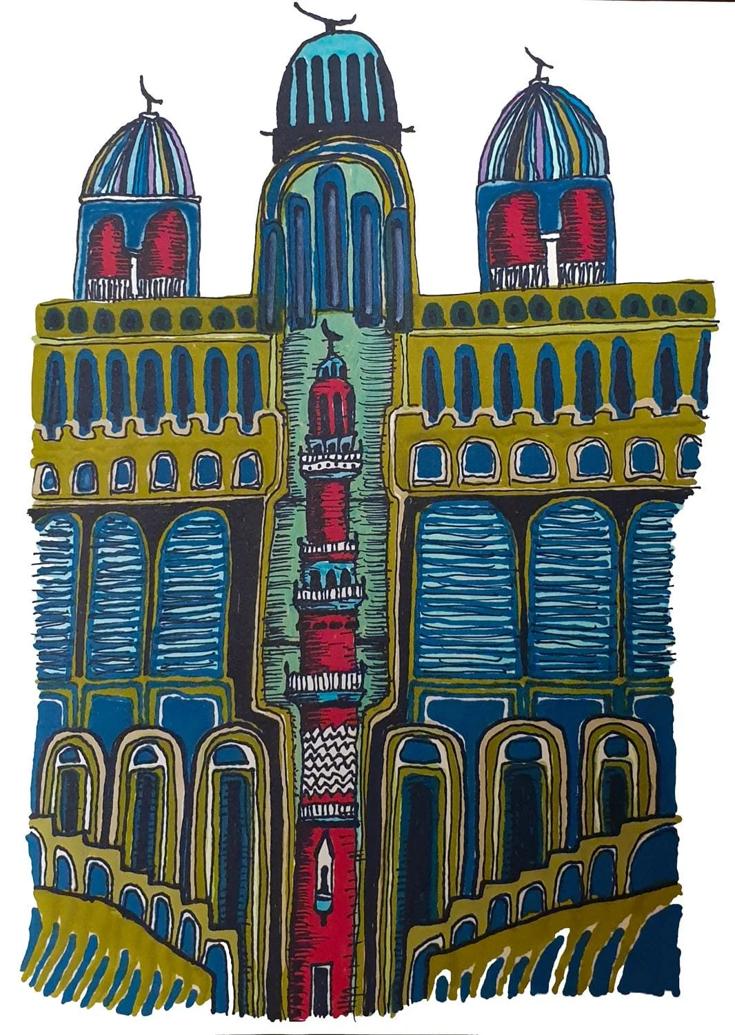 Colorful drawing of a historic building with domes, arches, and a central tower.