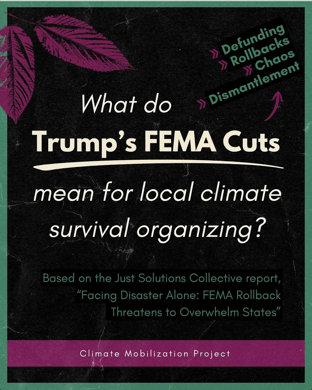 What do Trump&rsquo;s FEMA cuts mean for organizing in our communities? 

📒 A new report from Just Solutions Collective outlines the devastating impact. 

🌱If you&rsquo;re looking for survival and resilience strategies, scroll forward to slide 11.