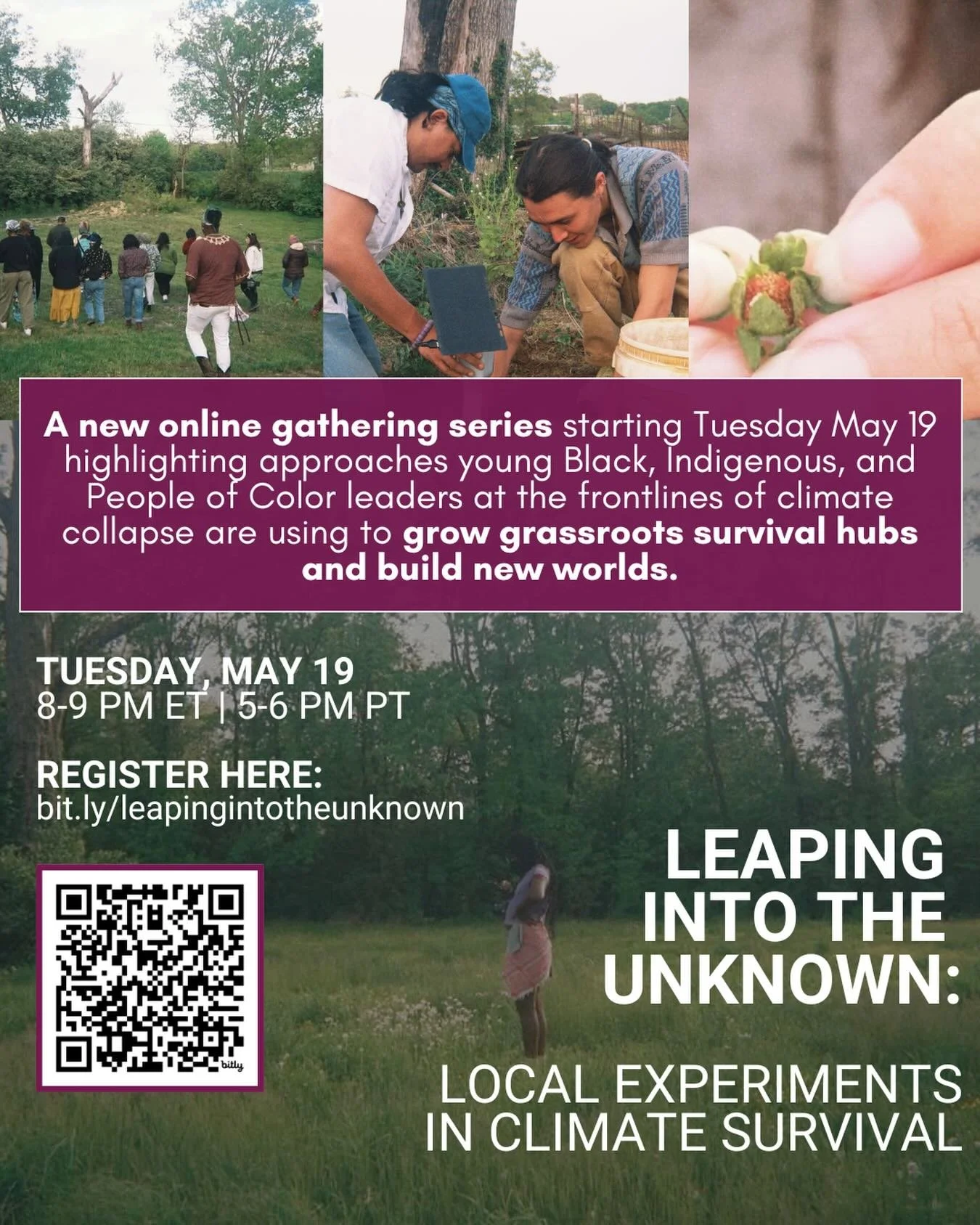 ❤️&zwj;🔥🌱 Leaping into the unknown: local experiments in climate survival is a new online gathering series starting Tuesday May 19 highlighting approaches young BIPOC leaders at the frontlines of climate collapse are using to grow grassroots surviv