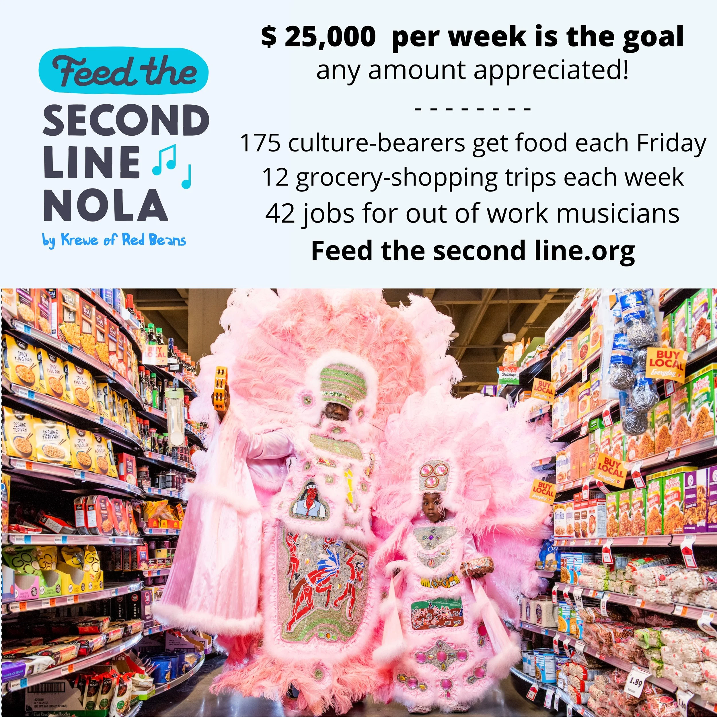 People dressed in elaborate pink costumes with feathers and embroidered designs shopping in a grocery store aisle.