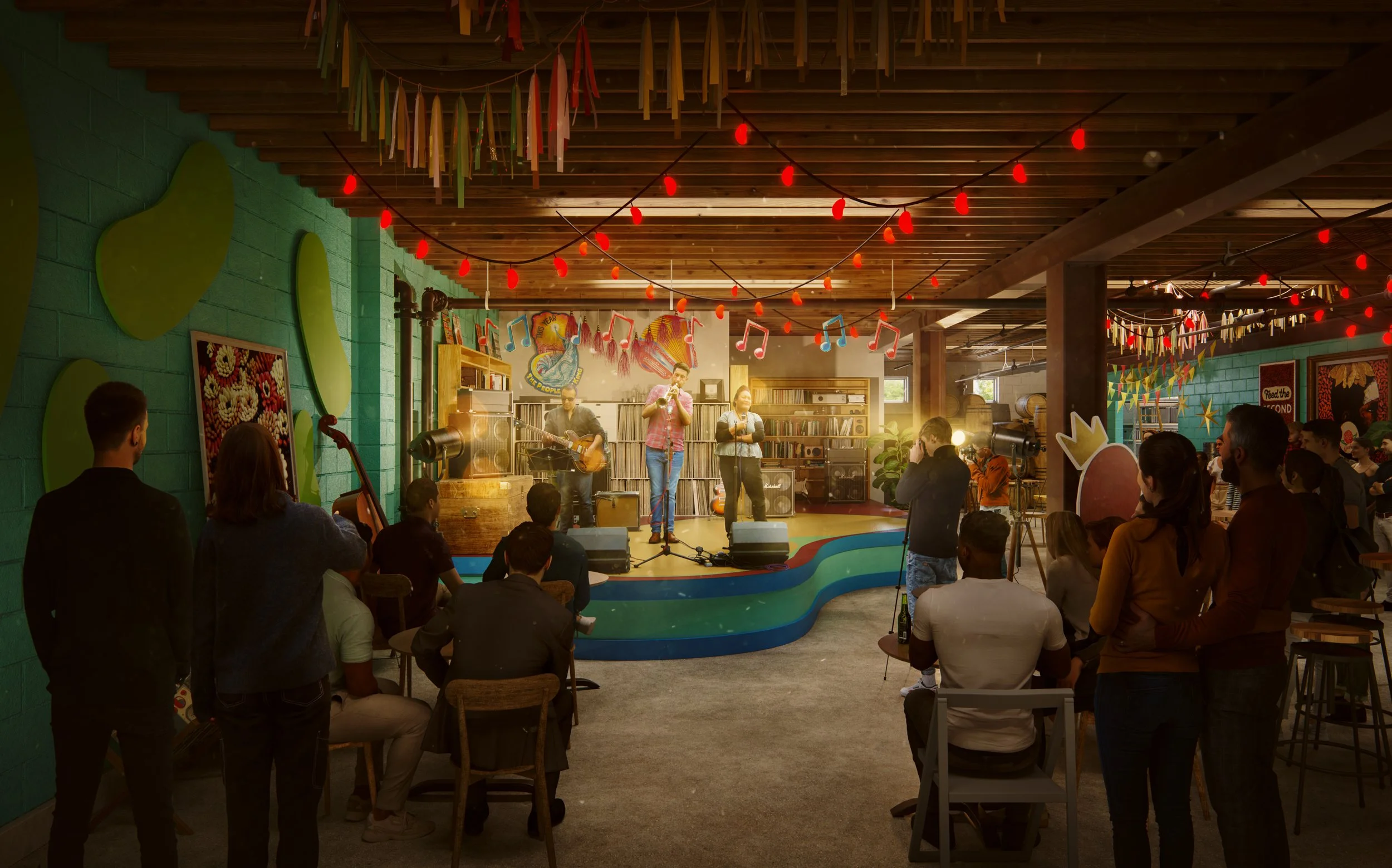 A live band performing on a small stage in a colorful, decorated indoor venue with an audience watching. The venue has festive decorations, including hanging banners, string lights, and musical notes.