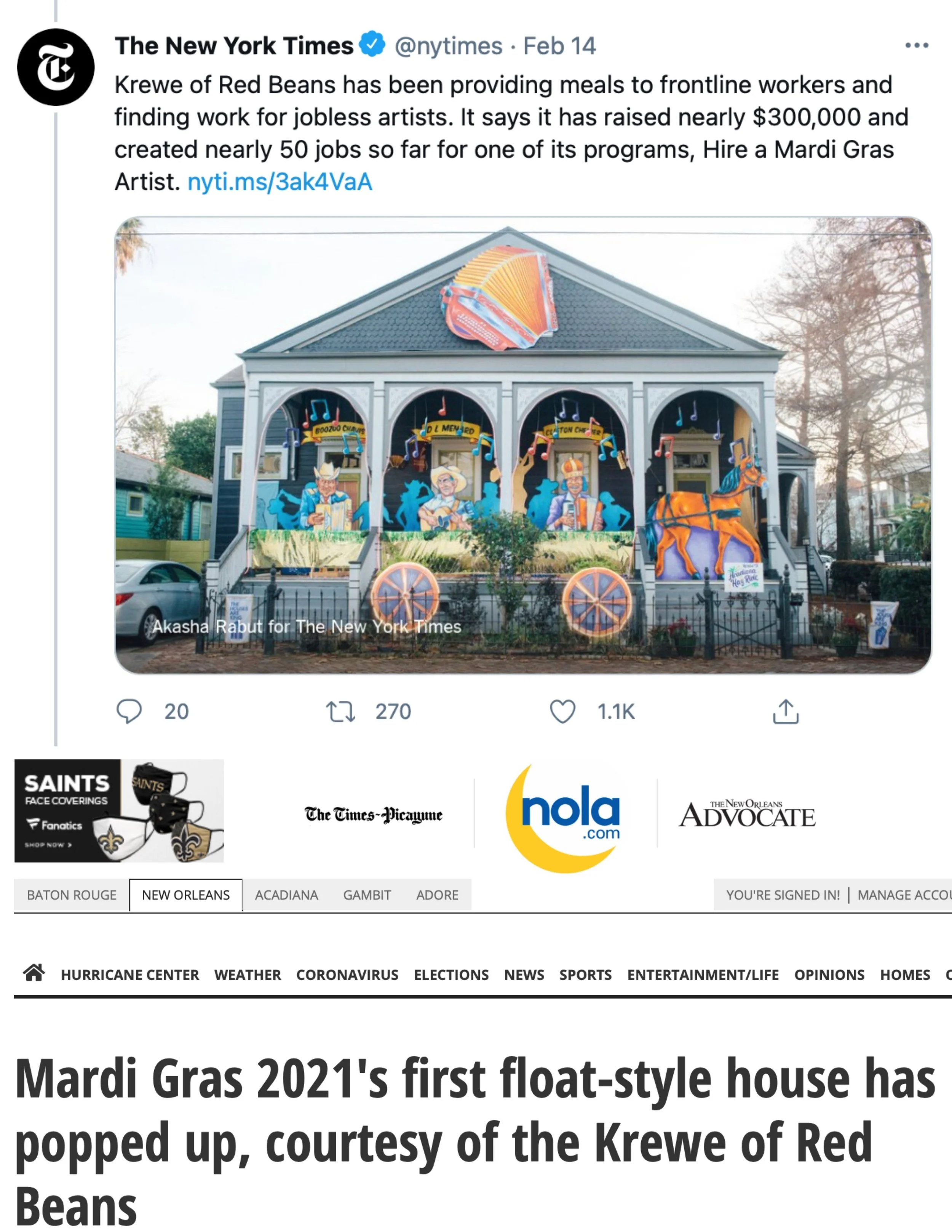 A house decorated with Mardi Gras theme murals, featuring musicians and a horse, with a Mardi Gras float scene on its front porch.