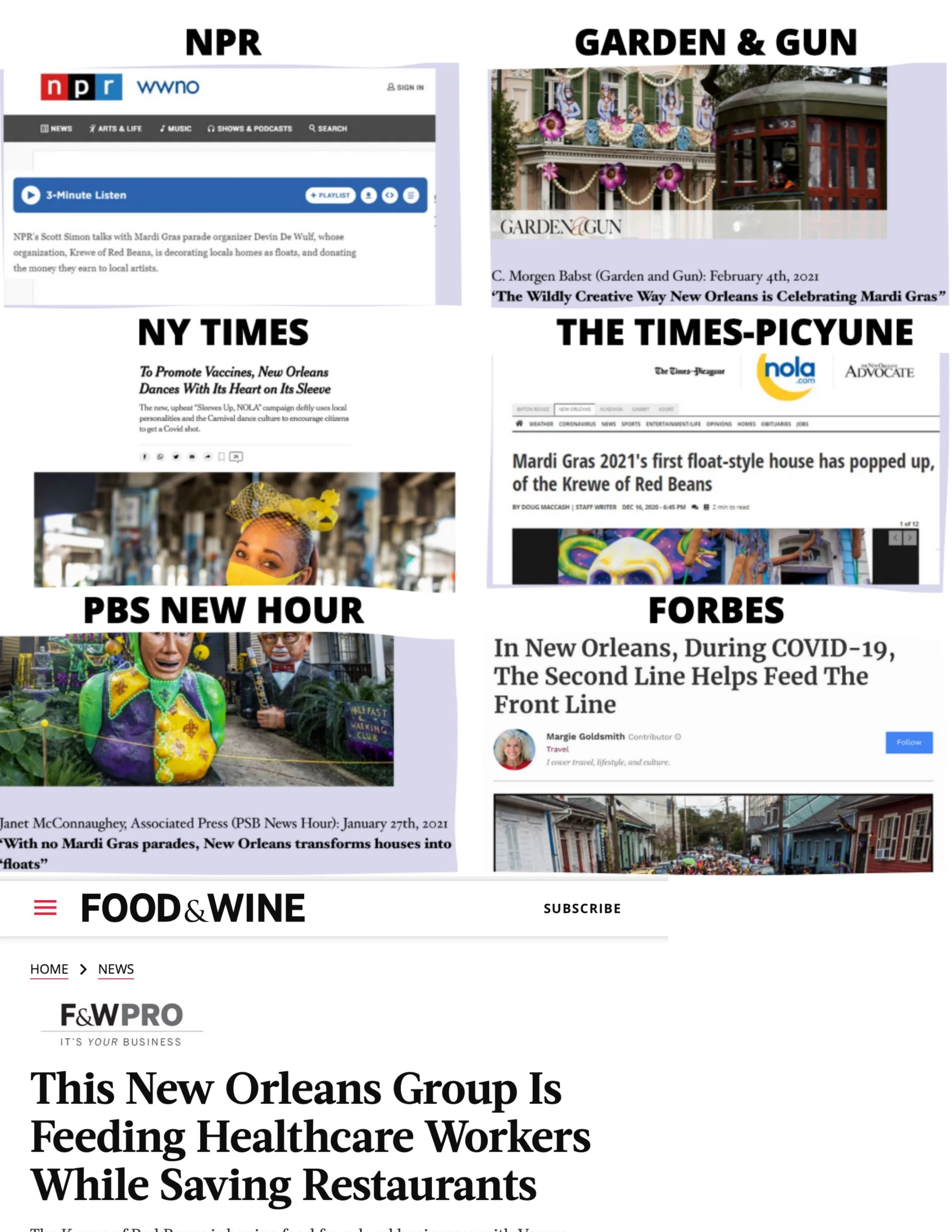 Screenshots of various news sources covering Mardi Gras celebrations in New Orleans, including NPR, Garden & Gun, NY Times, The Times-Picayune, PBS New Hour, Forbes, and Food & Wine, with photos of Mardi Gras floats, parades, and decorated houses.
