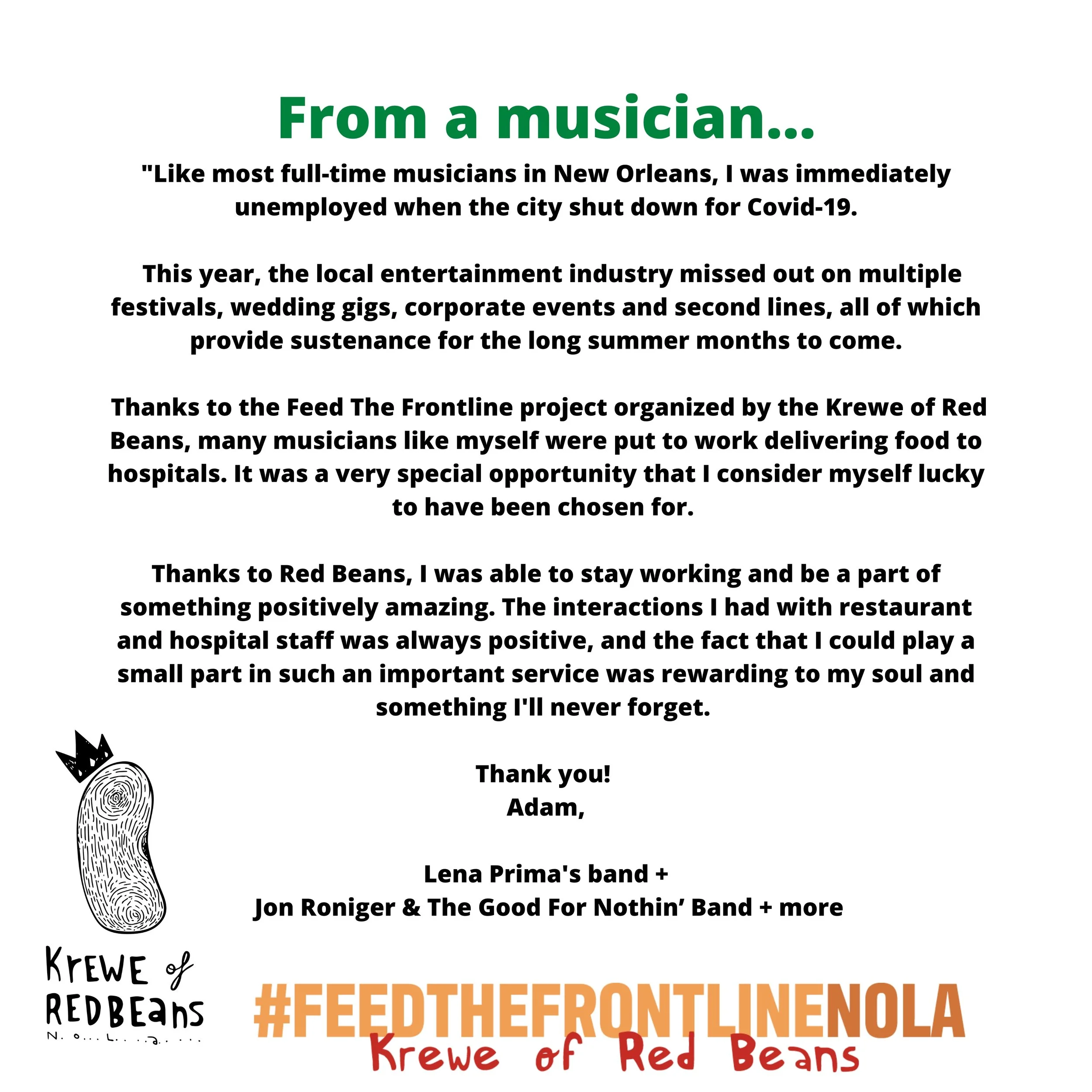 A tribute message from a musician about the impact of COVID-19 on their career and community service, including acknowledgments to Red Beans organization and band members, with a cartoon fingerprint with a crown, and the hashtag #FEEDTHEFRONTLINENOLA.