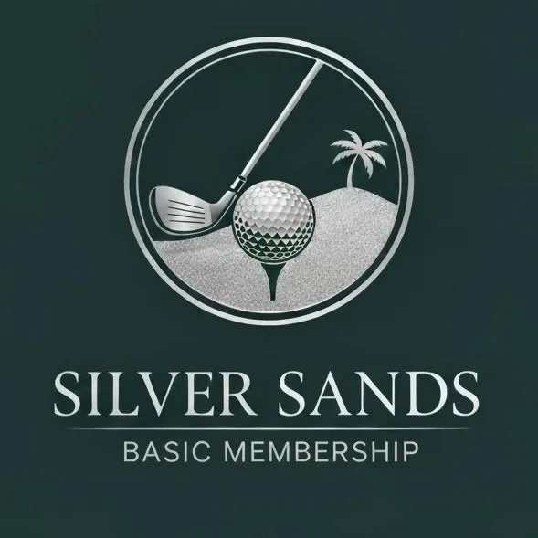 A logo for Silver Sands Basic Membership featuring a golf club, a golf ball, a sandy hill, and a palm tree enclosed in a circle.