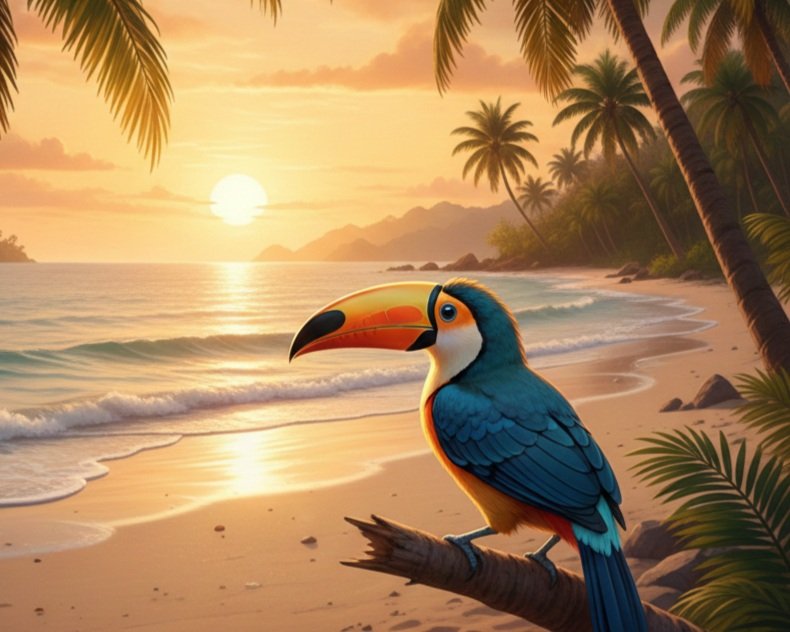 A colorful toucan sitting on a branch on a tropical beach at sunset with palm trees and ocean waves.