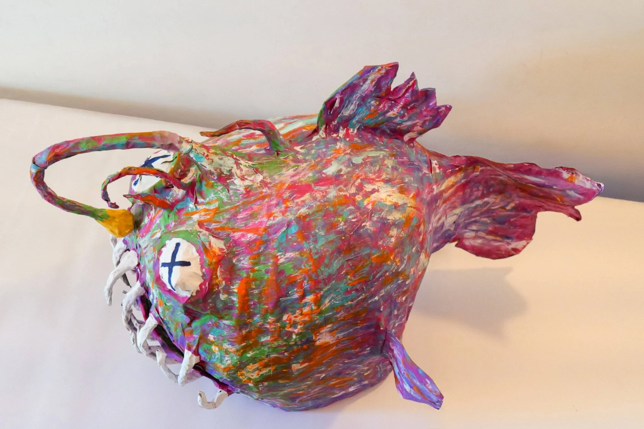 Fully functional Angler Fish Head mask made out of Papier Mache and painted with acrylic paint. 