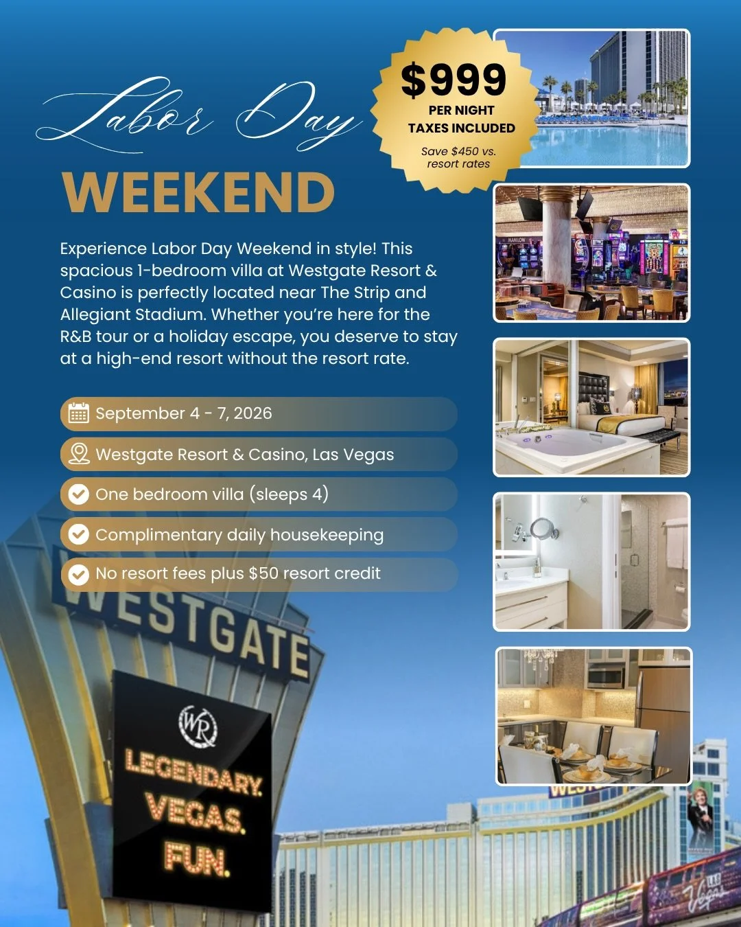 Who&rsquo;s ready for the ultimate Vegas weekend? 🥂✨

I&rsquo;m listing my 1-Bedroom Villa at Westgate Resort &amp; Casino for Labor Day Weekend! If you&rsquo;re heading to Vegas for the R&amp;B tour or holiday weekend fun, this is where you want to