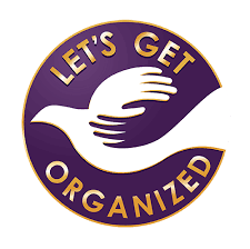 Logo with a white hand and purple background that reads 'Let's Get Organized'.