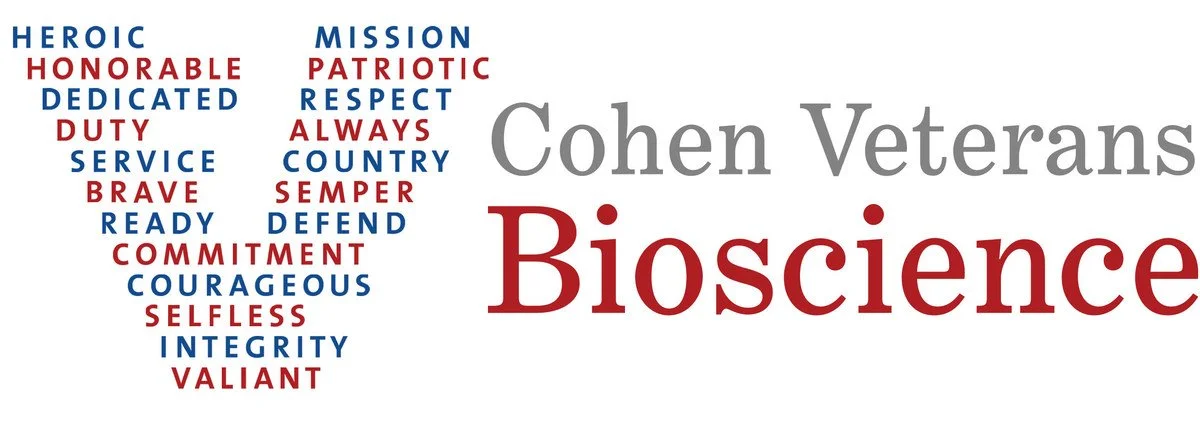 Word cloud featuring words like Heroic, Honorable, Dedicated, Duty, Service, Brave, Ready, Commitment, Courageous, Selfless, Integrity, Valiant, Mission, Patriotic, Respect, Always, Country, Semper, Defend, Cohen Veterans Bioscience.