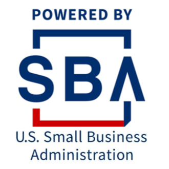 Logo with white background and red and navy words "Powered by SBA" then "U.S. Small Business Administration" below.