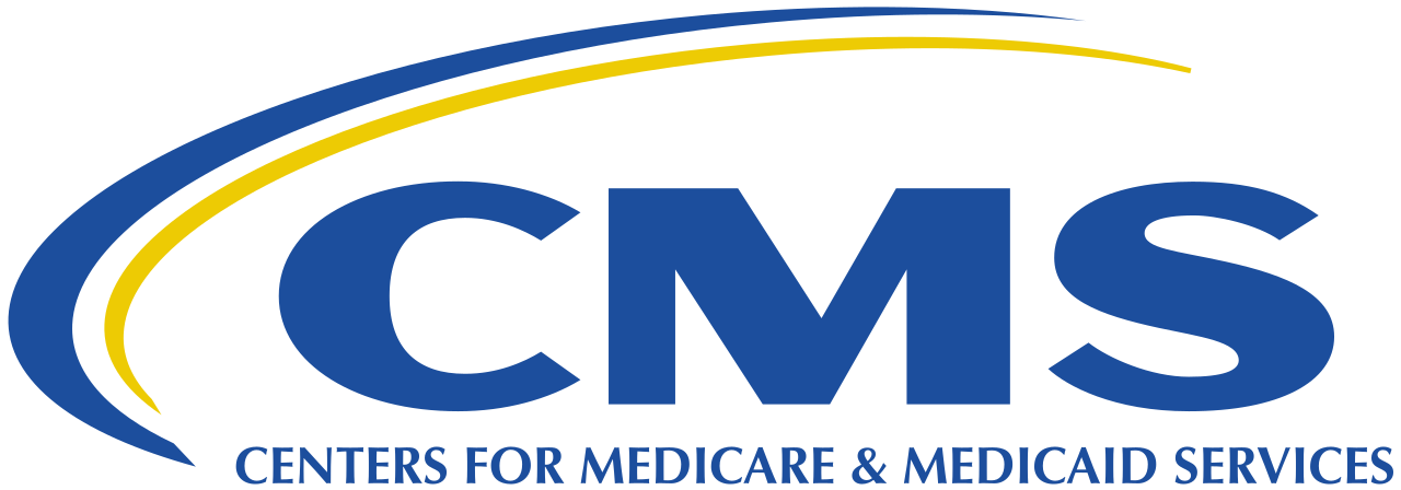Logo with royal blue and yellow colored font that reads "Centers for Medicare & Medicaid Services" with a half-oval design forming an arch above the text