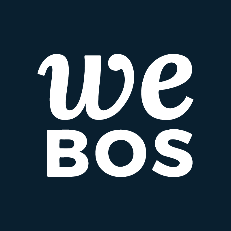 Logo with black background and white text that says "WE BOS"