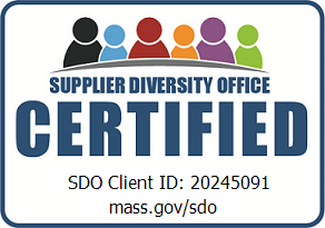 Logo with white background, Text says "Supplier Diversity Office CERTIFIED SDO Client ID: 20245091 mass.gov/sdo." There's also an abstract of people torsos in a variety of colors.