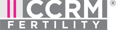 Logo for CCRM Fertility with large white text on gray background and pink accents.