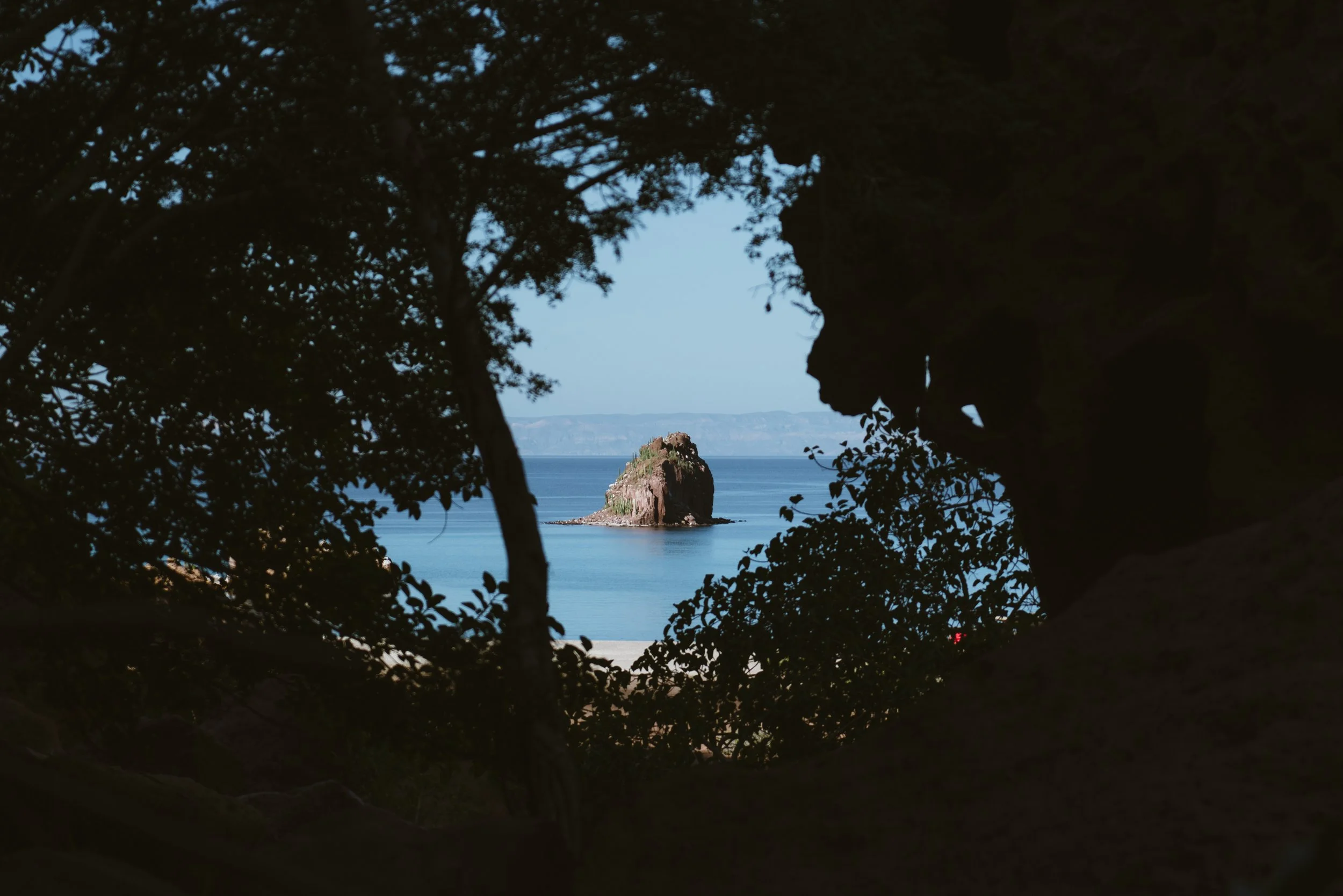 View of a small, rocky island in the ocean seen through a natural frame of dark tree branches and leaves.