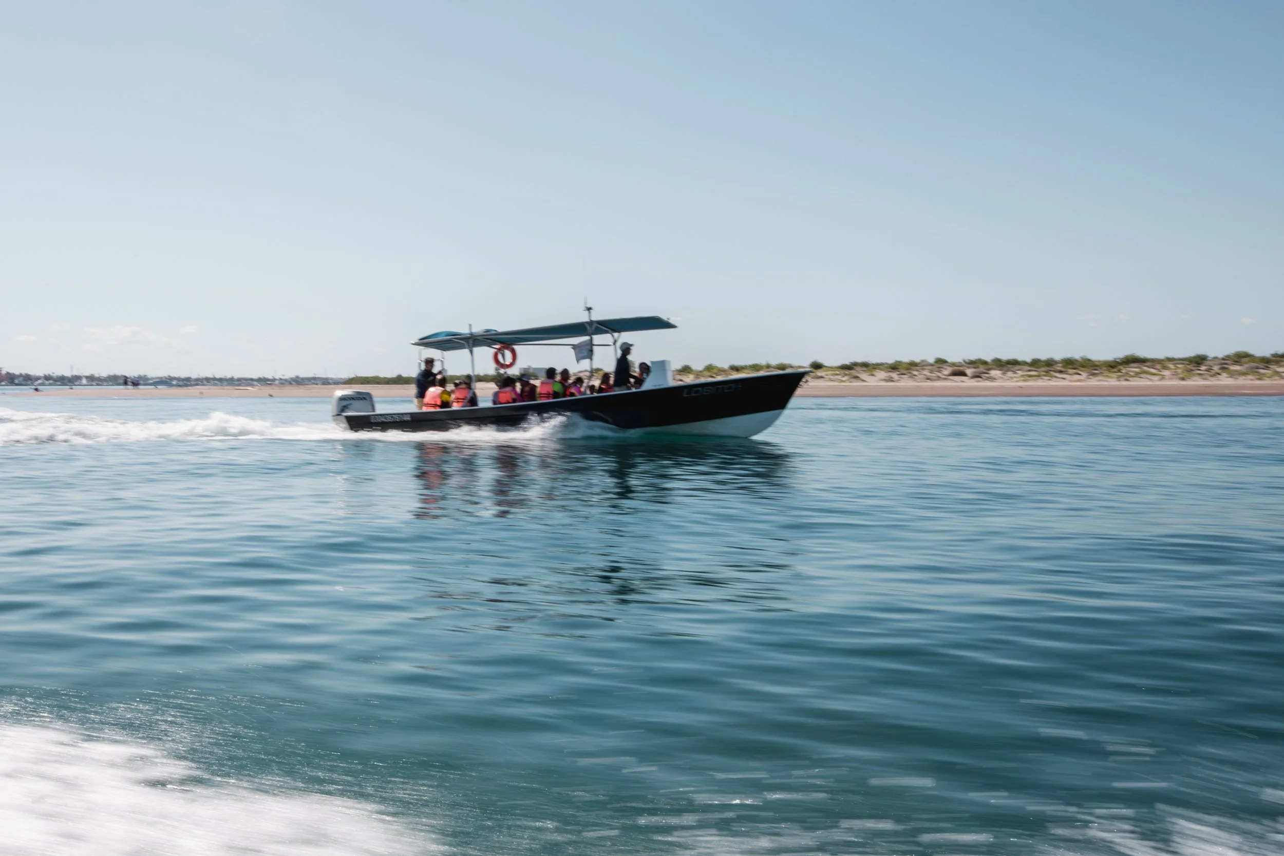 Motorboat carrying passengers on the water, moving at high speed with a distant shoreline in the background.