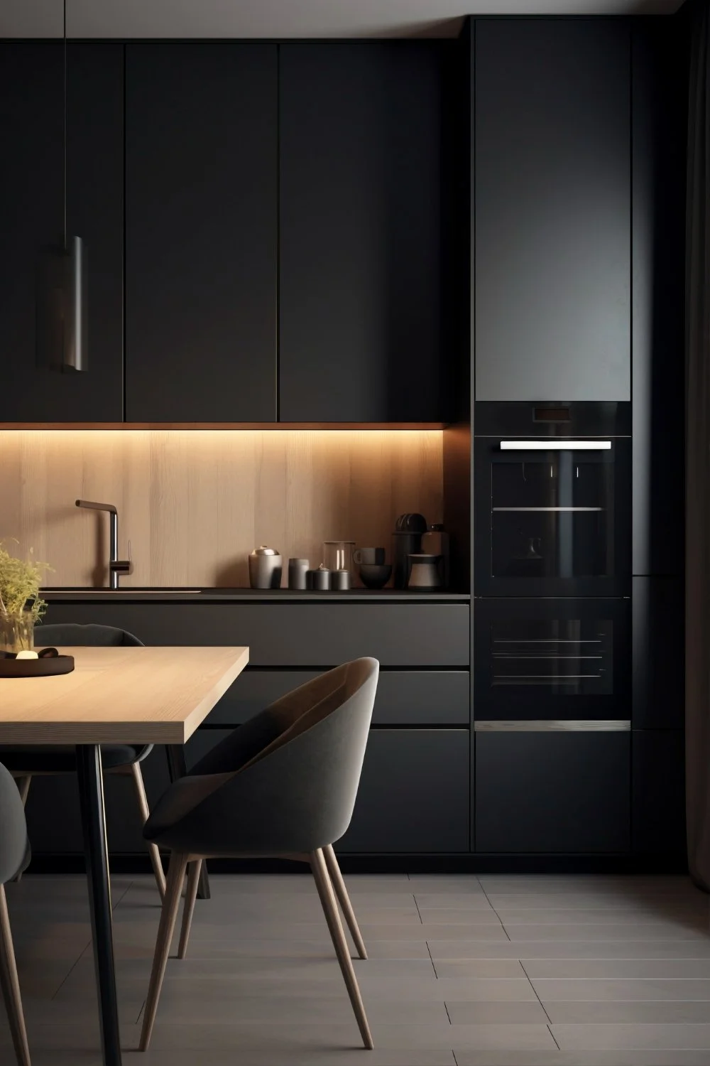 Modern black kitchen with wooden backsplash, beige countertop, and a dining table with beige chairs.