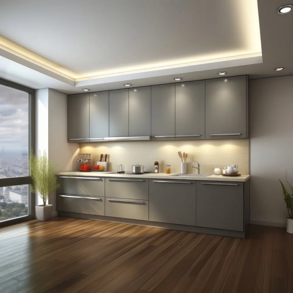 Modern kitchen with gray cabinets, wooden floor, and large window showing city view, decorated with potted plants, cutting boards, and kitchen utensils.