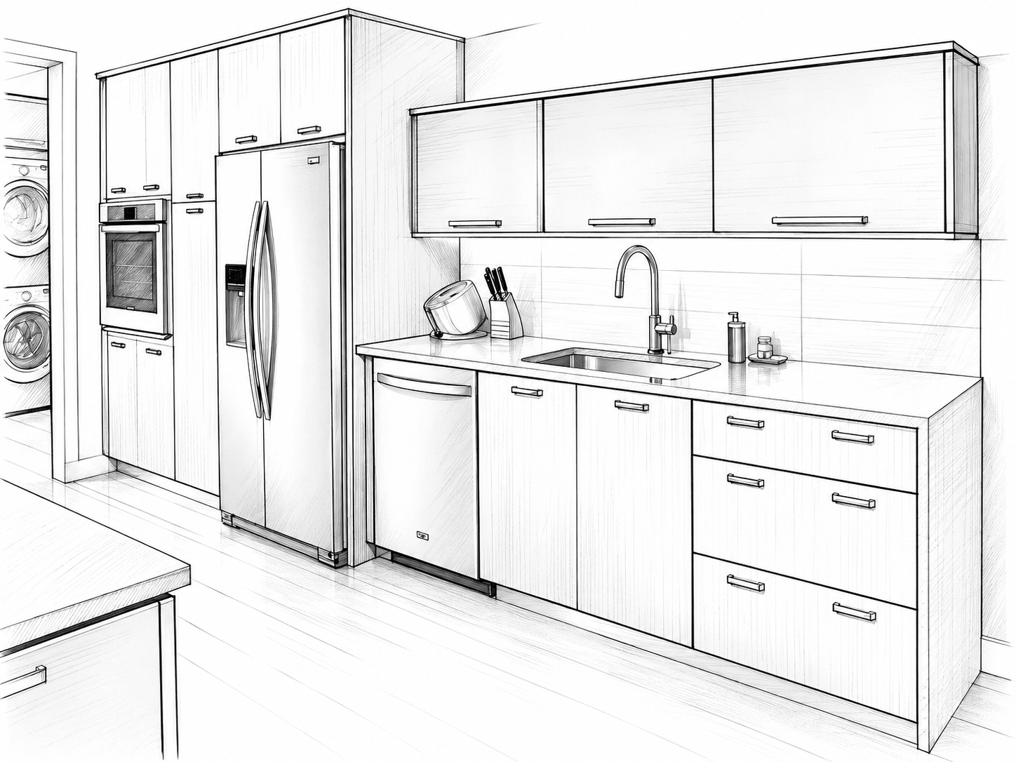 A black and white line drawing of a modern kitchen with upper and lower cabinets, a sink with a faucet, a refrigerator, a built-in oven, and a countertop with a knife block, soap dispenser, and a container.