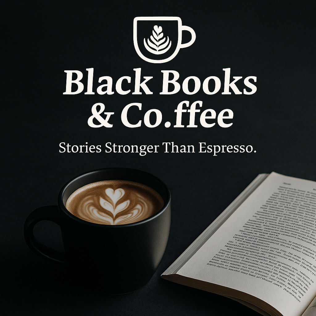 Sign for Black Books & Co. Coffee with a coffee cup featuring latte art and a book.