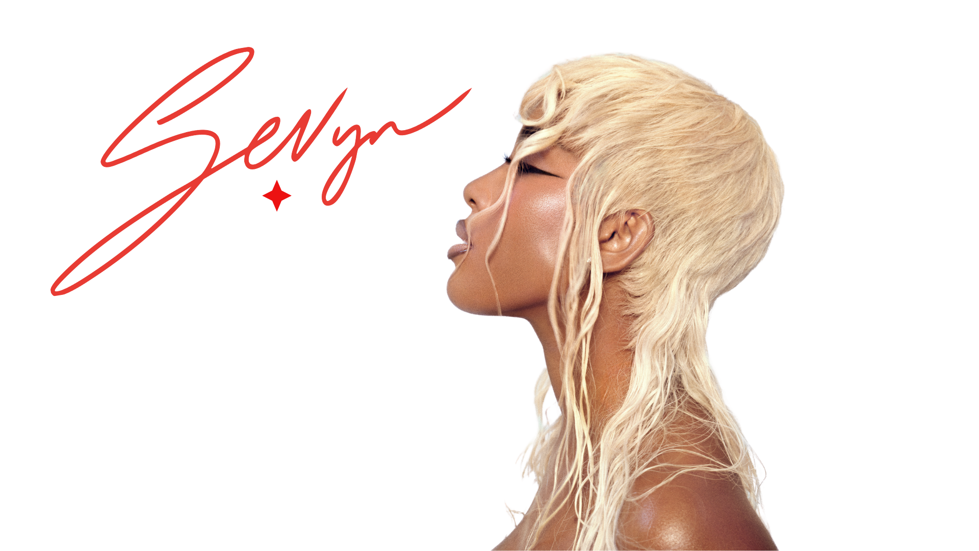 A side profile of a woman with platinum blonde, wet-looking hair, wearing black-rimmed glasses, and looking upwards. Behind her is a red rectangular graphic with the words "Sexyy" written in a cursive, red font, and a yellow background on the right side.