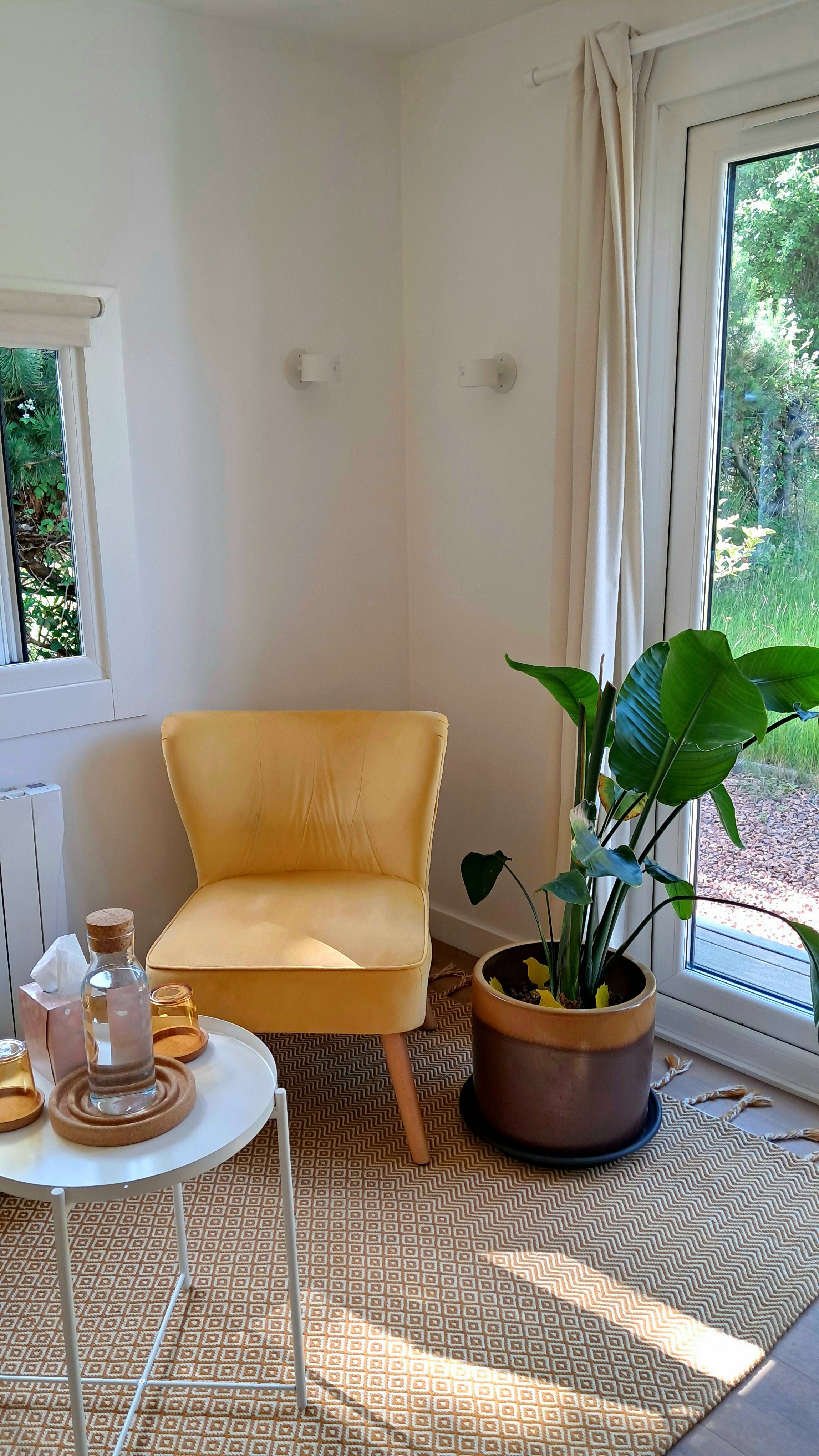 Desktop Counselling garden office in-person Therapist chair