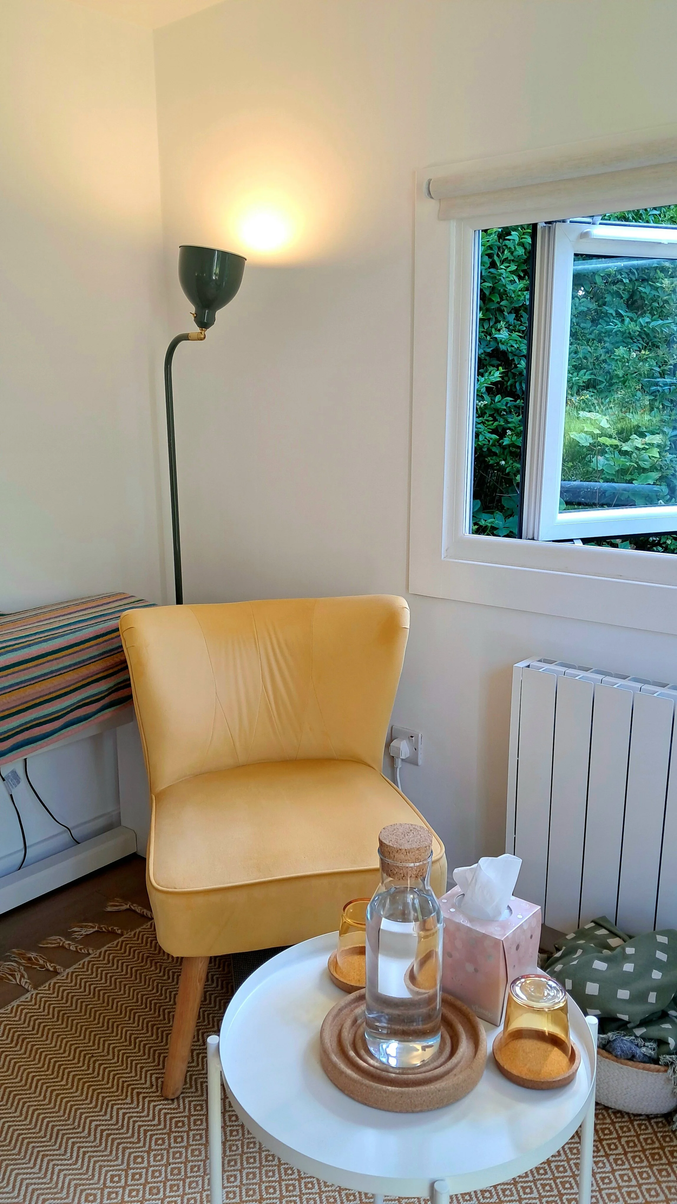 Desktop Counselling garden office in-person client chair