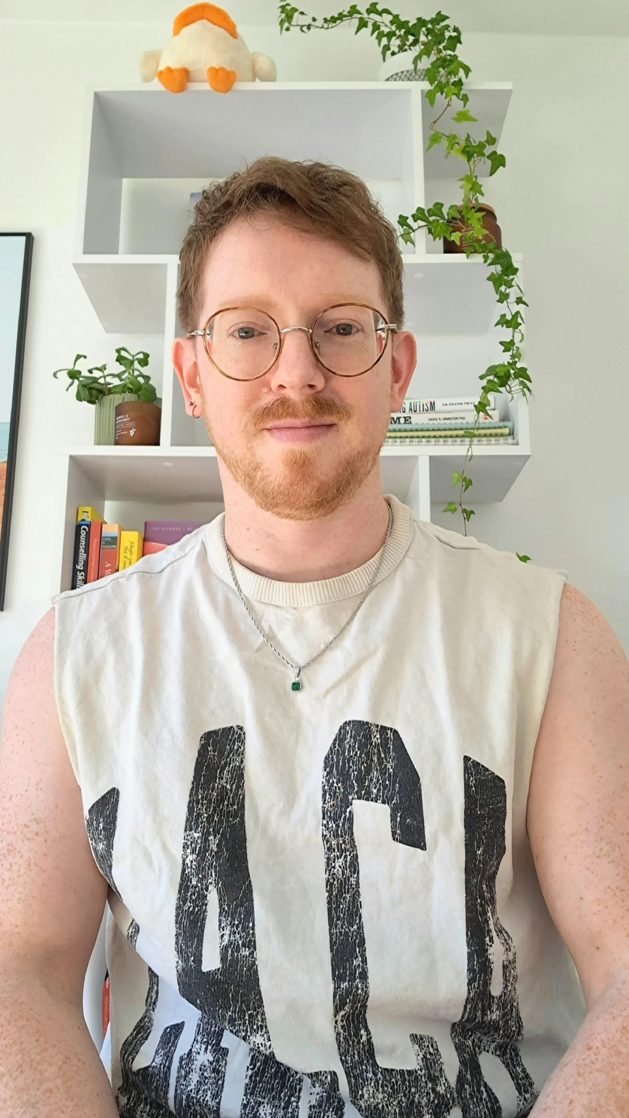 Counsellor & Psychotherapist, Arran Southall. Working in his garden office, in Paisley, Scotland (near Glasgow).