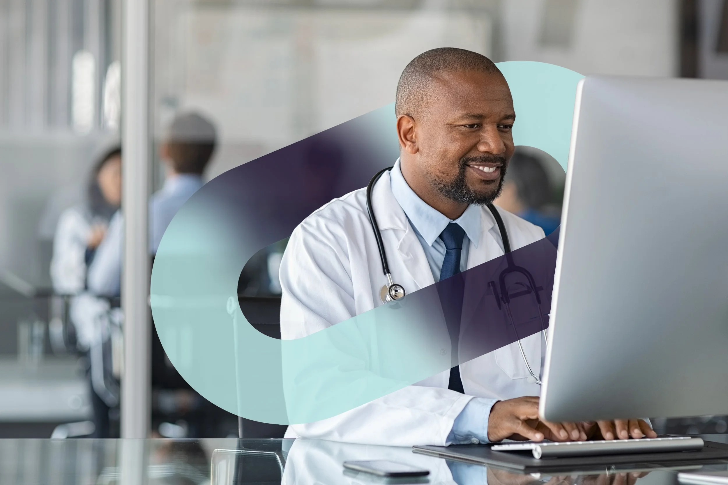 A male doctor with a stethoscope around his neck works on a computer in an office setting, overlayed with a gradient pill shape.