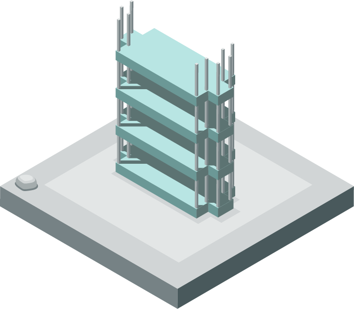 Isometric illustration of a tall, multi-story office building with green concrete floors, on a square plot of land.