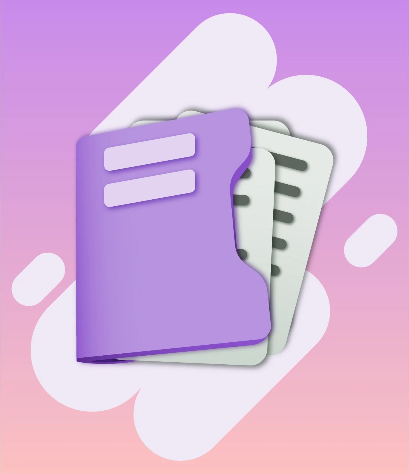 3D illustration of a folder with paper emerging out of it, on a gradient background of purple and pink with abstract pill shapes.