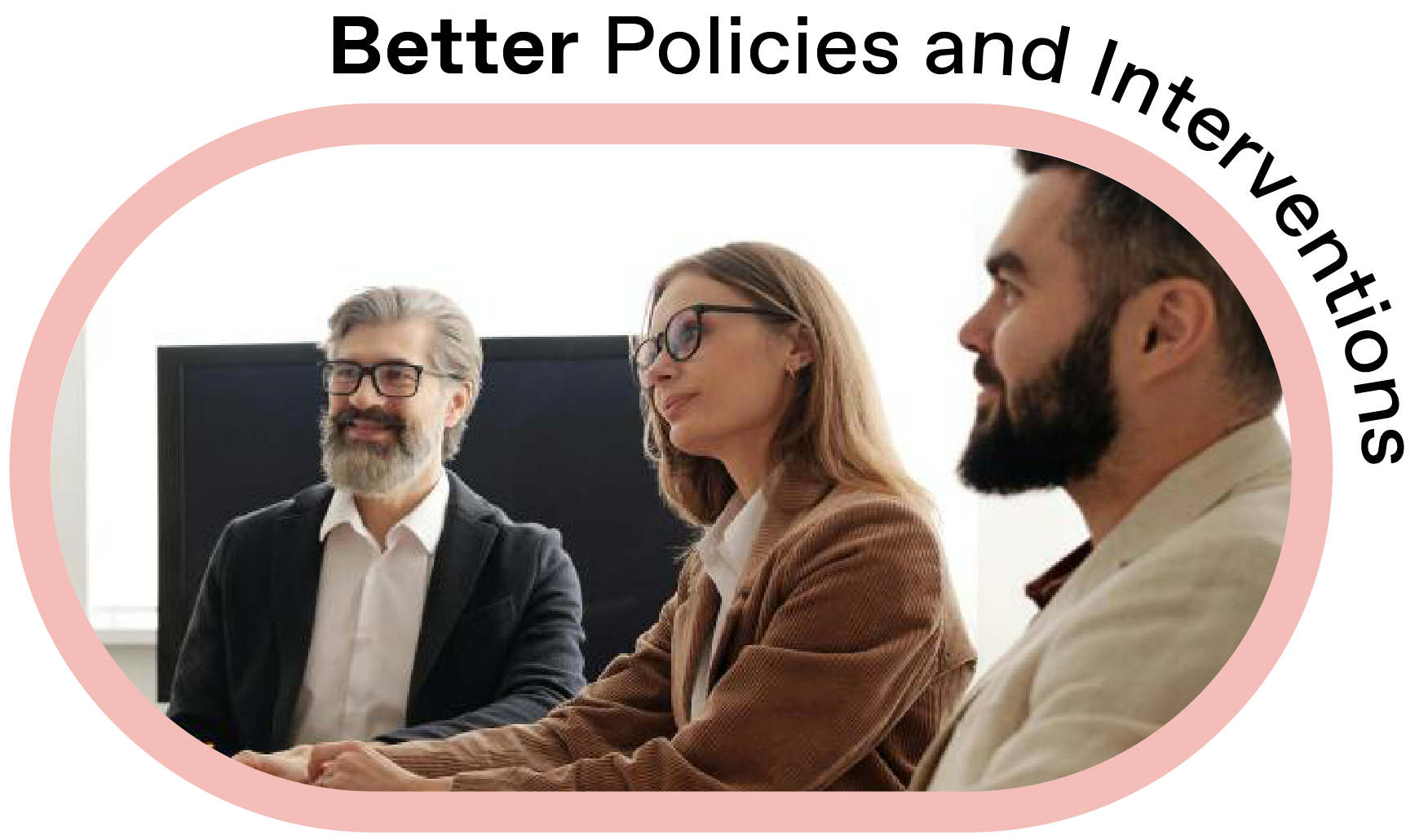 Three people sitting and talking in a meeting room relating to better policies and interventions in healthcare data.