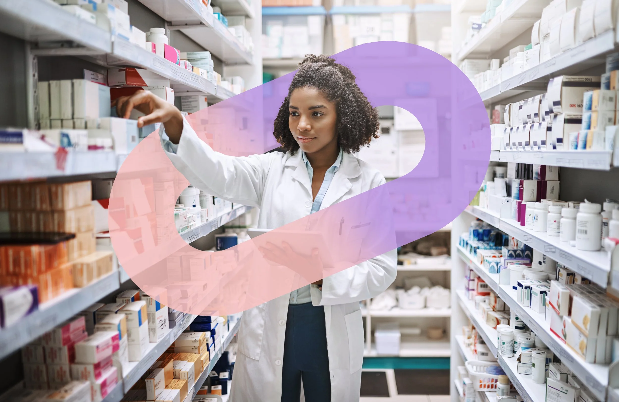 A female pharmacist wearing a white lab coat is selecting medication from shelves in a pharmacy, overlayed with a gradient pill shape.