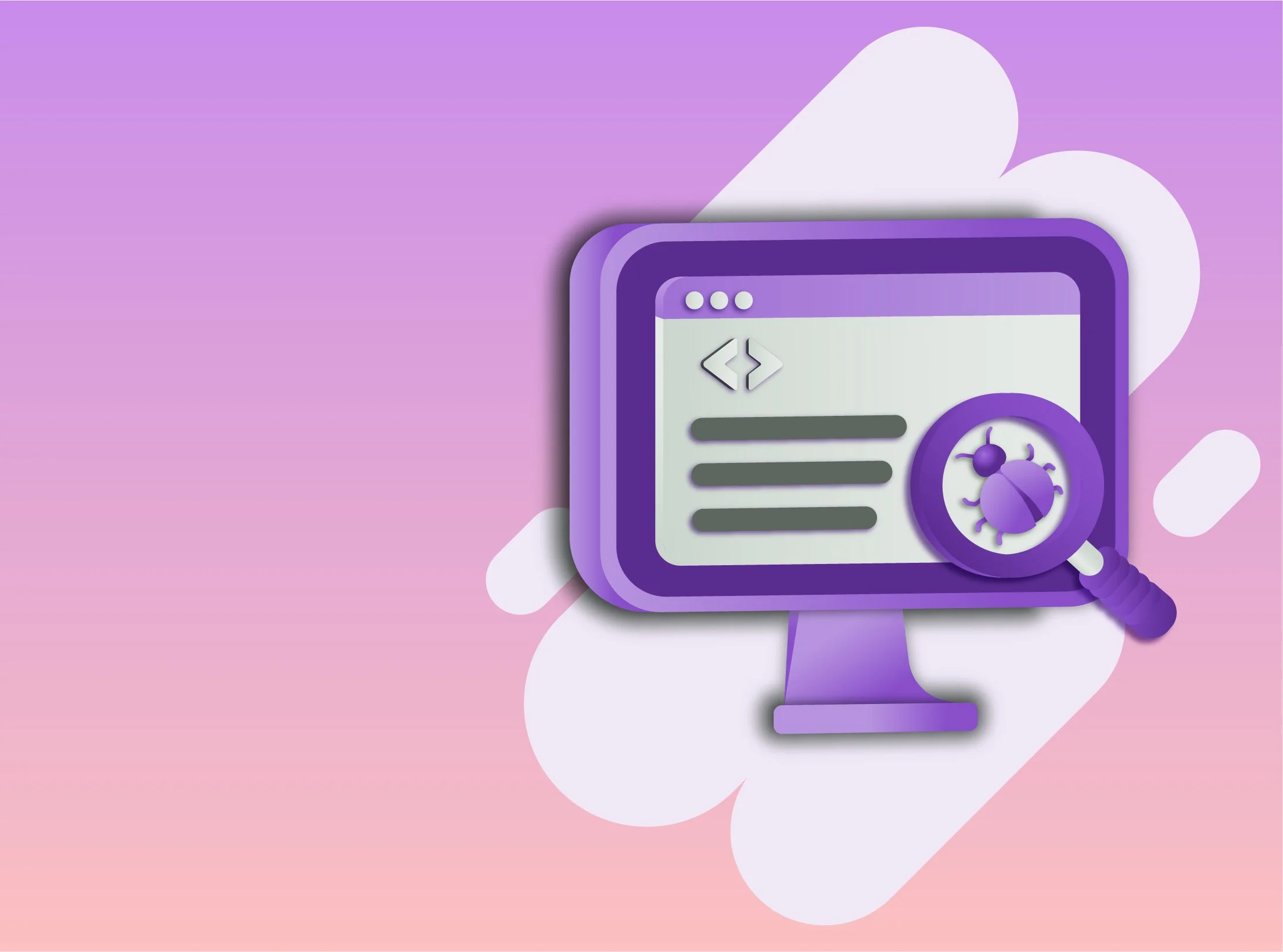 3D illustration of a computer monitor with coding symbols and a magnifying glass showing a bug, indicating software debugging or analysis, on a gradient background of purple and pink with abstract pill shapes.