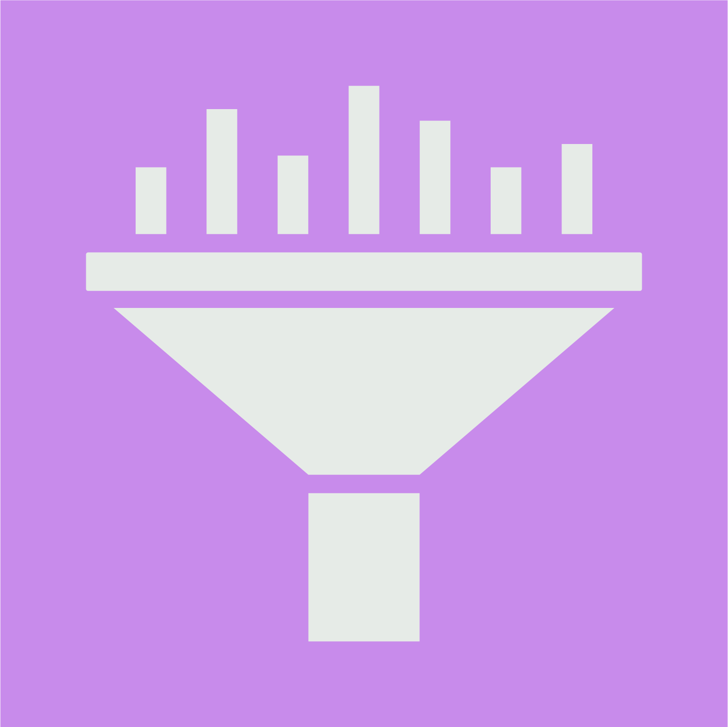 An icon of a funnel with a rectangle at the bottom and several vertical bars on the top, indicating a filtration or processing process, on a purple background.