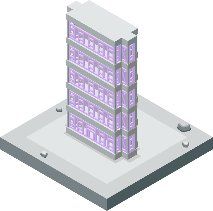 Isometric illustration of a tall, multi-story office building with multiple floors and purple walls on a square plot of land.