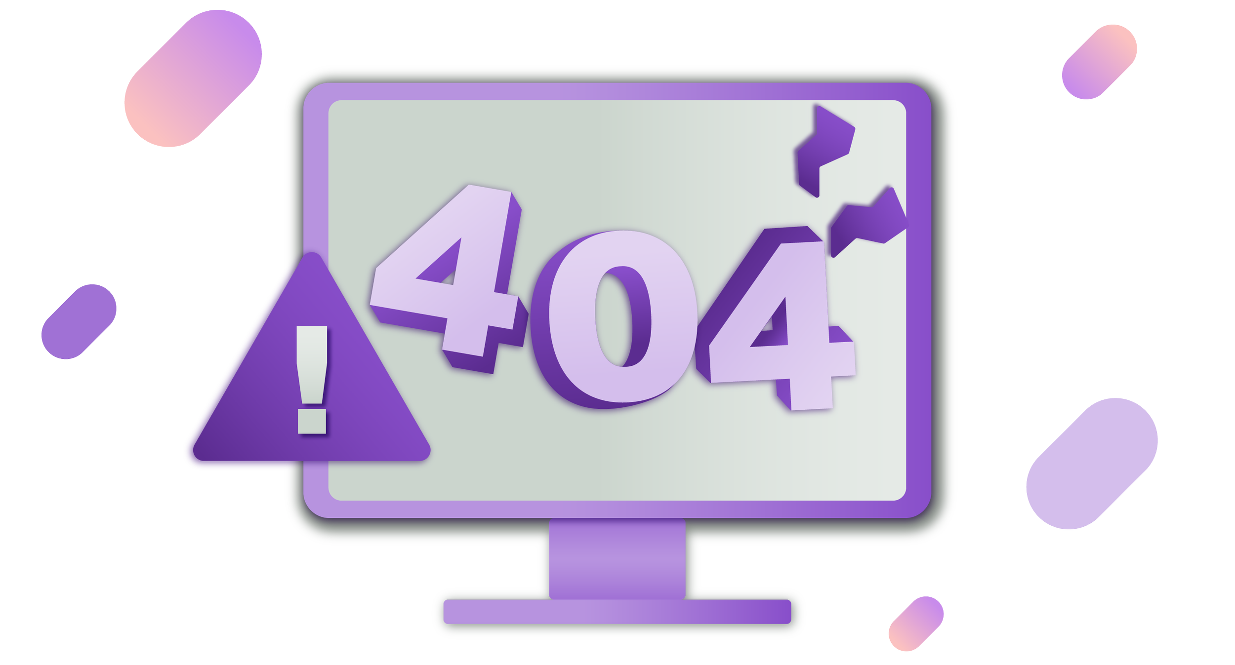 A computer screen displaying a 404 error message with a purple exclamation mark warning symbol and the number 404, with purple and pink abstract pill shapes floating around.