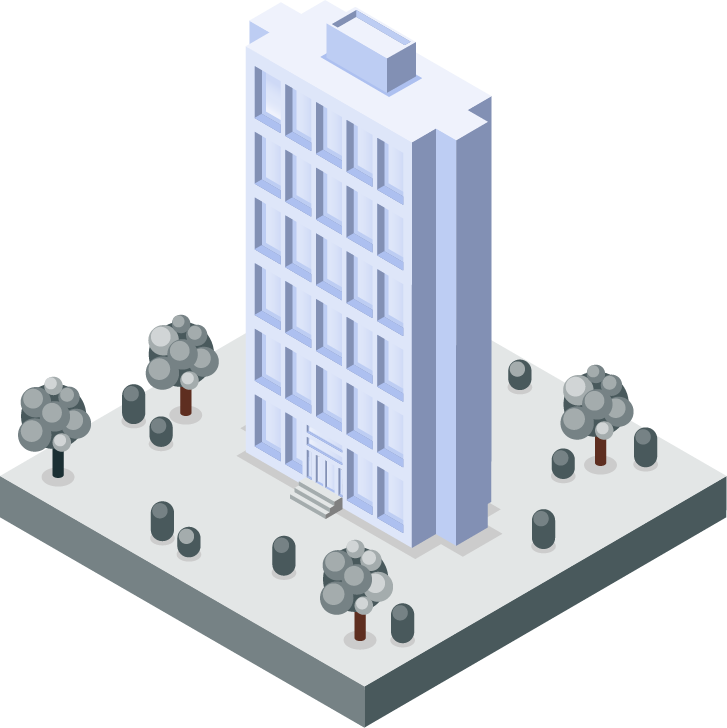 Isometric illustration of a tall, multi-story office building with multiple windows, surrounded by small trees and trees with rounded leaves, on a square plot of land.