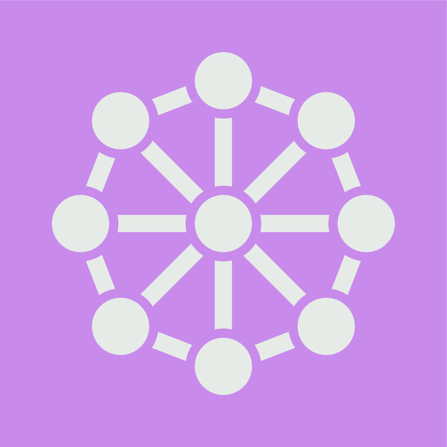 An icon of a network with interconnected nodes on a purple background.