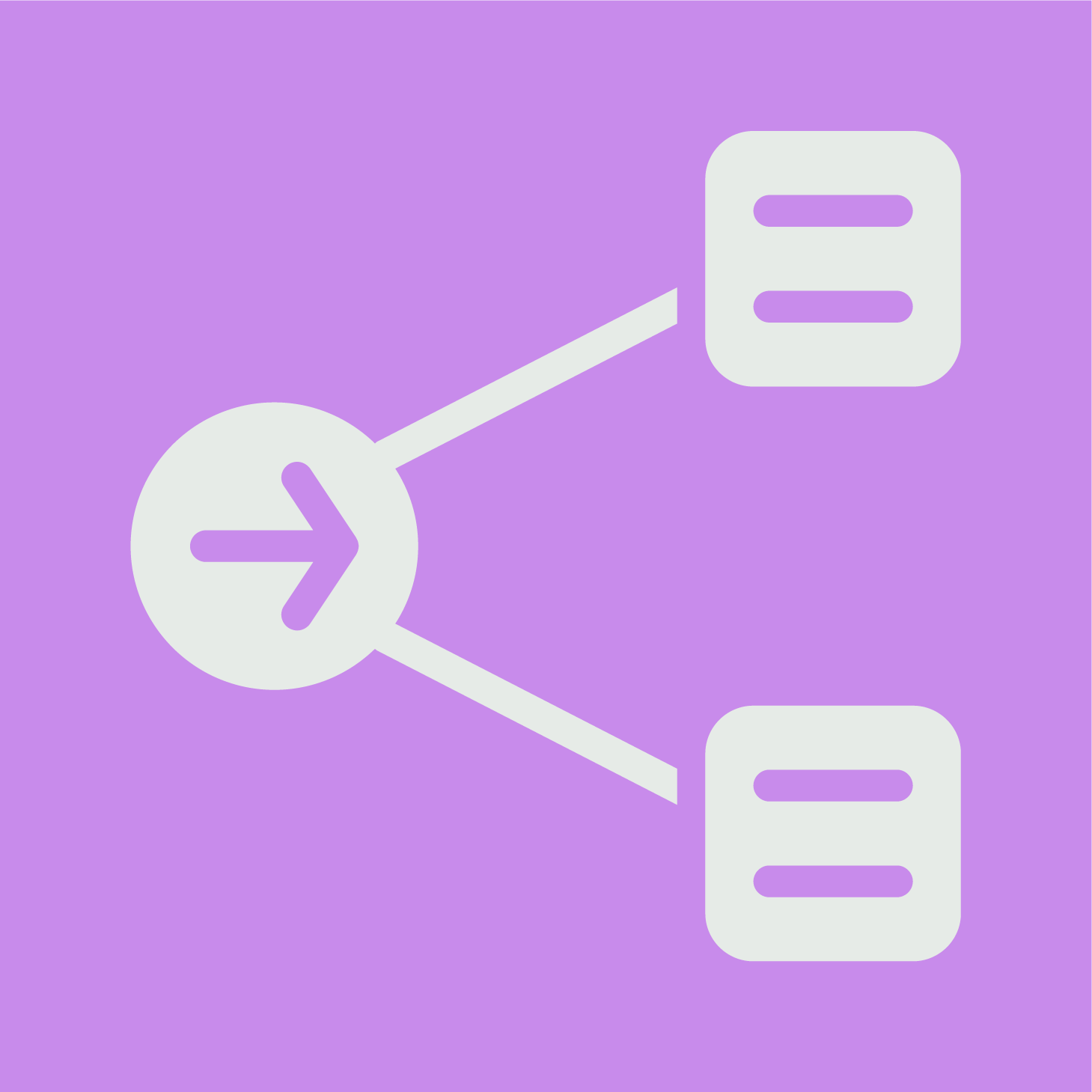 An icn of a flowchart with a central circle containing a right arrow, branching into two rectangular blocks with horizontal lines, on a purple background.