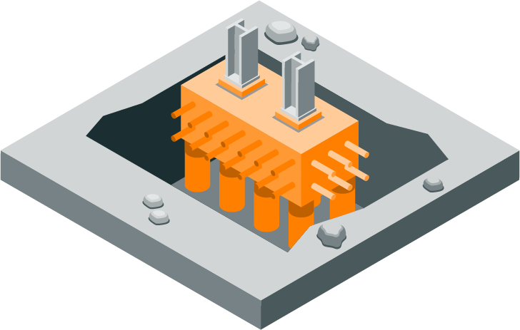 Isometric illustration of the foundation level of a multi-story office building with orange material, on a square plot of land.