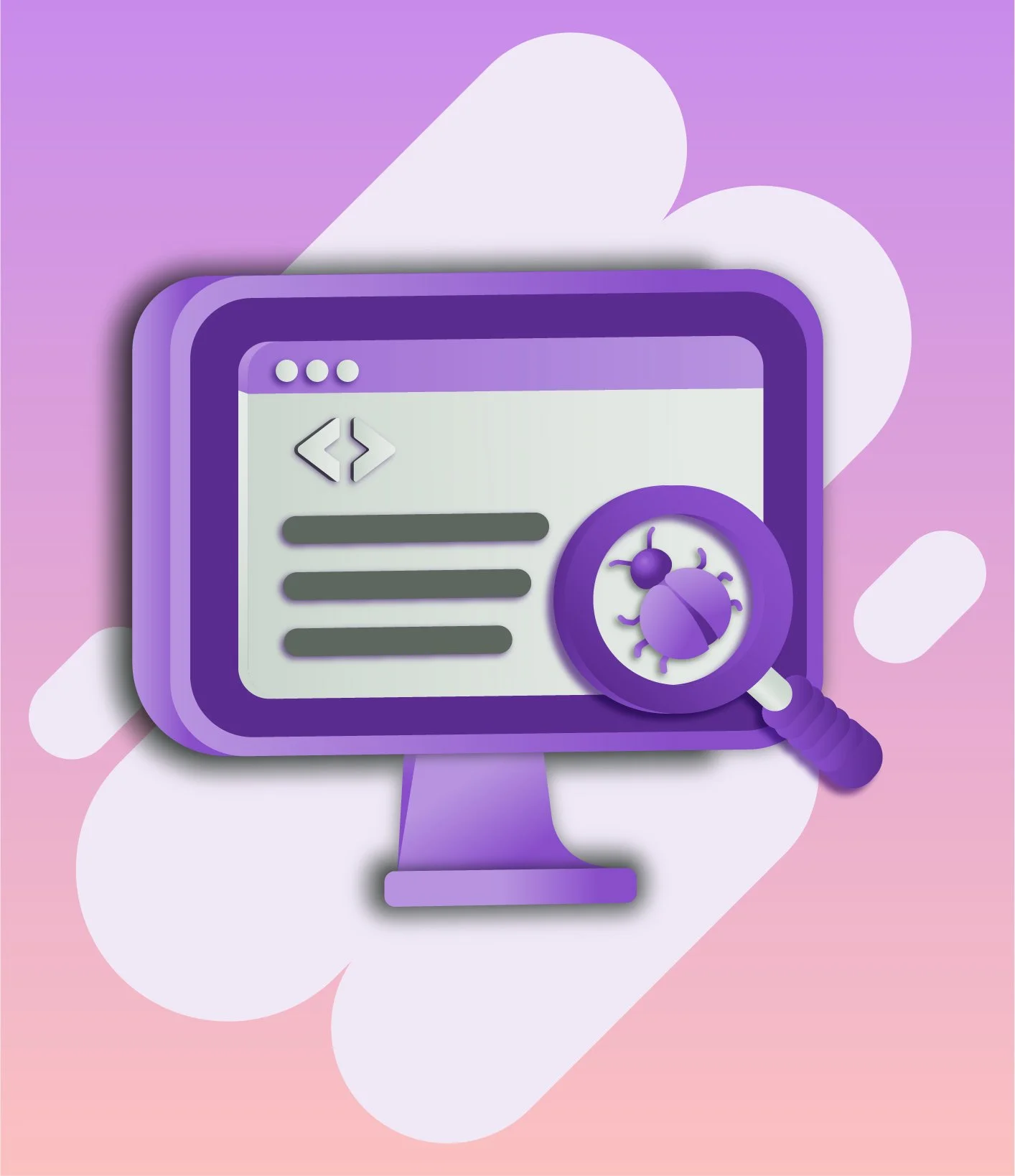 3D illustration of a computer monitor with coding symbols and a magnifying glass showing a bug, indicating software debugging or analysis, on a gradient background of purple and pink with abstract pill shapes.