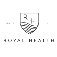Royal Health logo with shield, R and H letters, and wave design