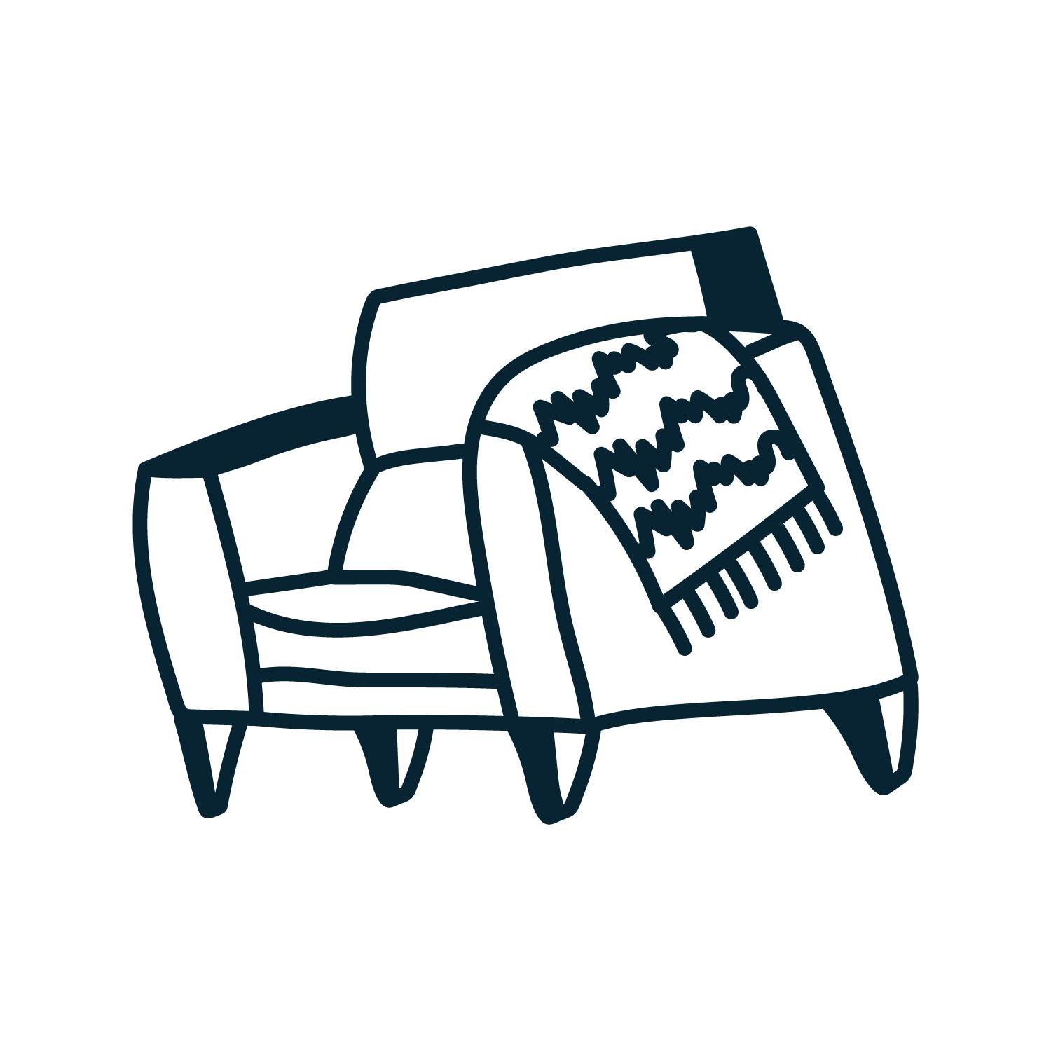 The Whole and Well Counseling Logo. An outline drawing of a sofa and an armchair with a blanket draped over the arm of the sofa.