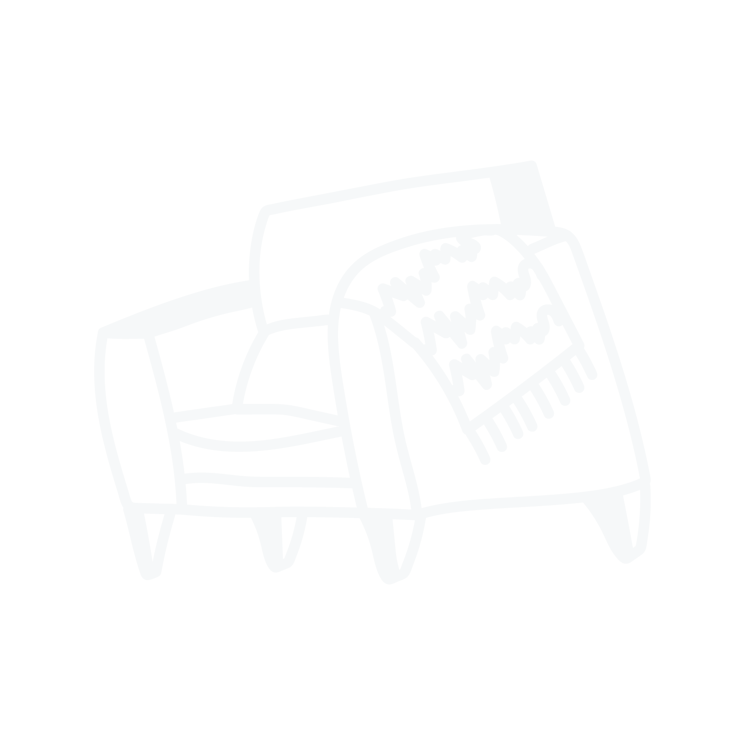 Line drawing of two armchairs and a footstool with a rug or blanket draped over one armchair, set against a black background.