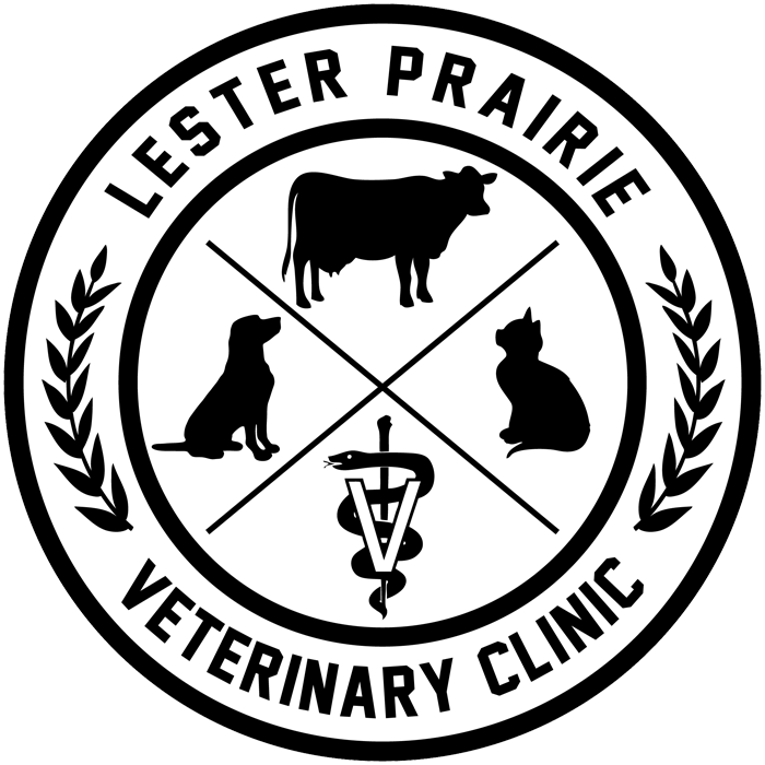 A circular logo for Lester Prairie Veterinary Clinic featuring a cow, a dog, a cat, and a snake, with a medical symbol, surrounded by laurel branches.