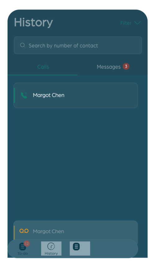 Mobile app interface displaying call history with Talken AI receptionist, showing recent answered and missed calls.