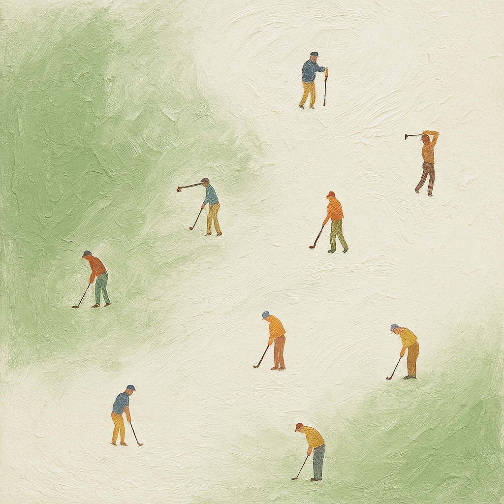 Painting of ten people playing golf, arranged across a green and white background, with some in the green and others on the white part.