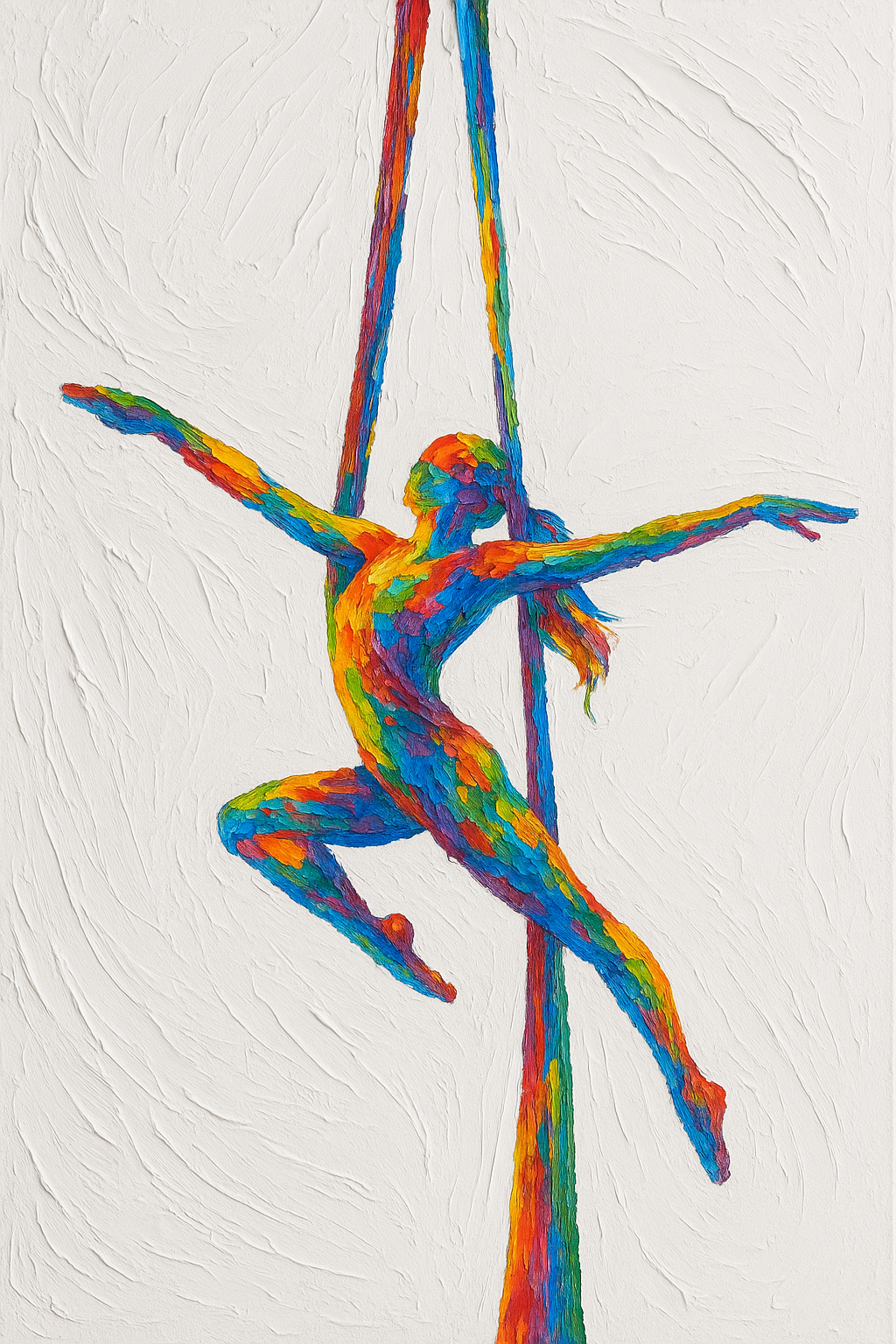 Colorful painting of a woman performing a pole dance, with her arms and legs extended outward in a split position, against a textured white background.